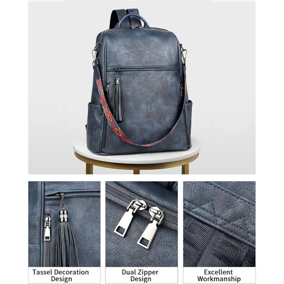 Women's Dusty Blue Retro Style Backpack Designer 15.6 inch PU Leather Laptop Bag - Picture 5 of 9